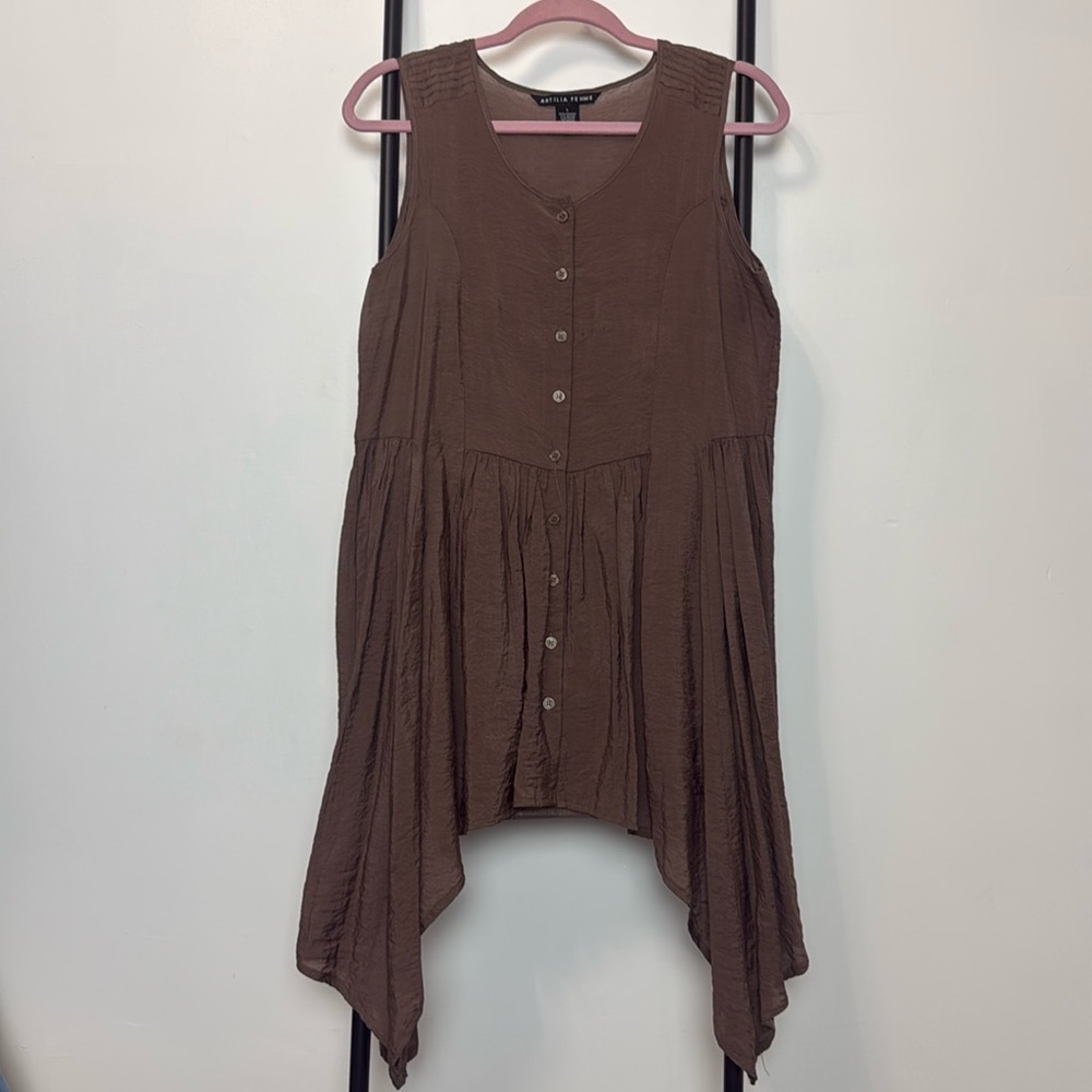 Antilia Femme Asymmetrical Brown Silky Top Blouse Women Size L